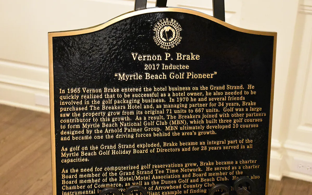 The Hall of Fame plaque honoring Vernon Brake