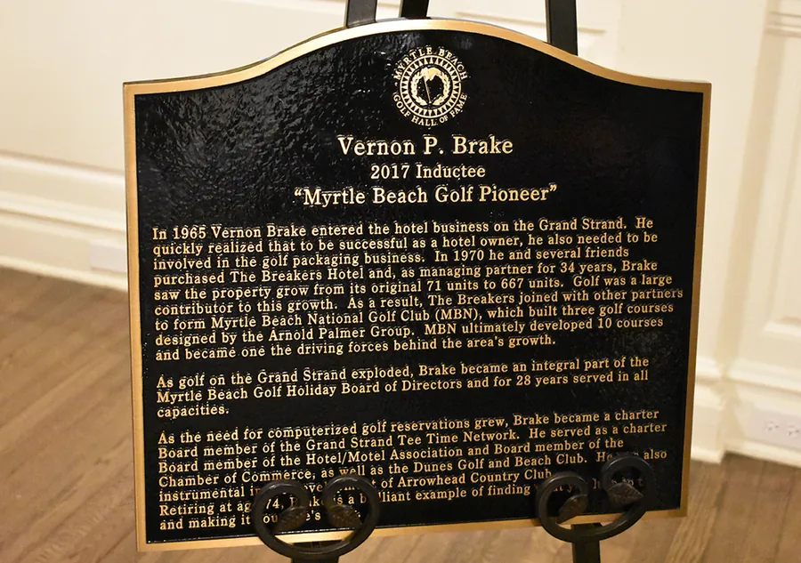 The Hall of Fame plaque honoring Vernon P. Brake